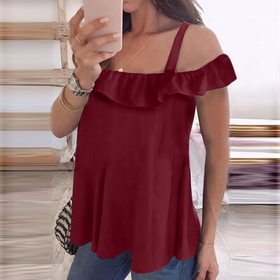 

Starmoon Womens Summer Fashion Casual Sling Ruffled Off Shoulder Solid Color T-Shirt
