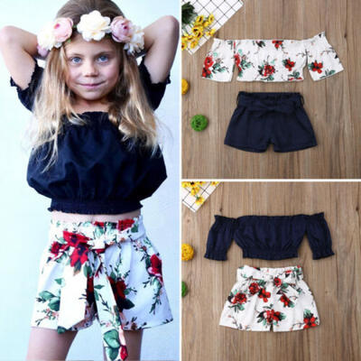 

2PCS Kids Baby Girl Flower Off Shoulder Crop Tops Shorts Pants Outfits Sunsuit