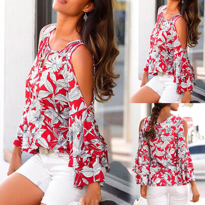 

Nomeni Womens Summer Long Sleeve Off Shoulder Printed Tops Tee Shirt Top Blouse