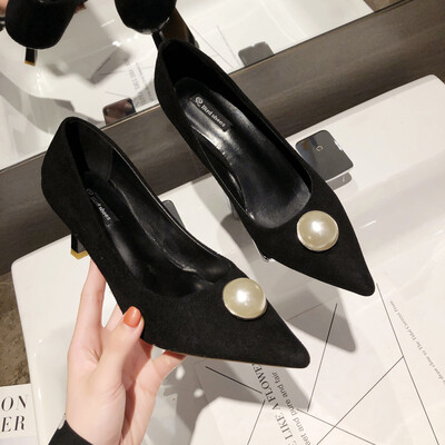 

High heels women follow Xia Baiqi temperament sexy pointed pearl shallow mouth work single shoe tide