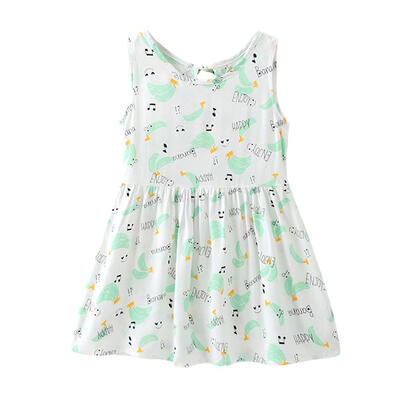 

Print Dress O-neck Fly Sleeve Kids Girls Summer Button Bowknot Belt Dresses