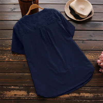 

Plus Size Summer Casual Tops Lace Embroidery Leisure T-shirt Women Oversize Short Sleeve T shirt Cotton Linen Tshirt