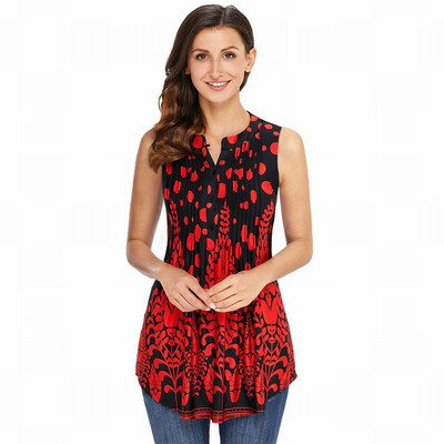 

Round neck sleeveless single-breasted bohemian print straight top
