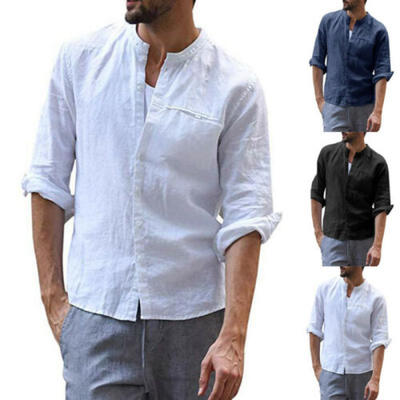 

Stylish Mens Linen V Neck Long Sleeve Slim Fit Shitrs T-shirt Casual Tops Blouse