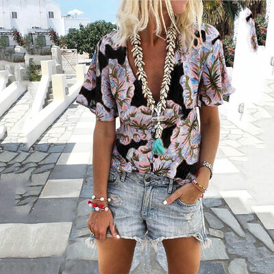 

Starmoon Women Casual Floral Print Blouse Short Sleeve Loose Top Shirt Tee