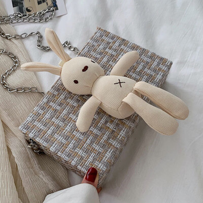 

Bag womens bag 2019 new personality lattice cloth cartoon bunny bag literary fan slanted box bag