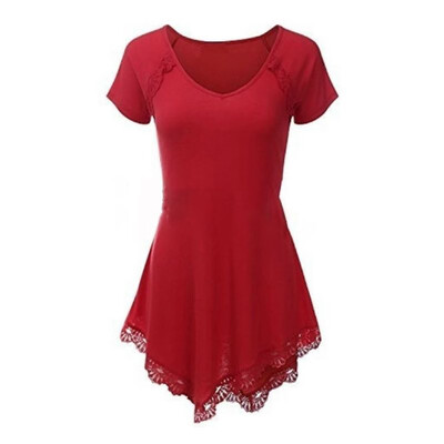 

Roseonmyhand Womens V-neck Solid Color Lace Stitching Irregular Short-Sleeved T-shirt Top