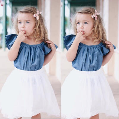 

2Pcs Kids Baby Girl Denim Tops BlouseWhite Skirt Party Tutu Clothes Set Outfits