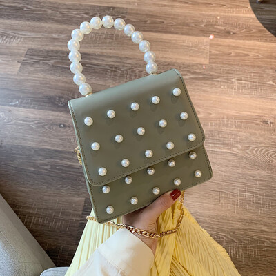 

Tailored Fashion Pearl Chain Pure Color Crossbody Bag Colorful Leather Messenger handBag