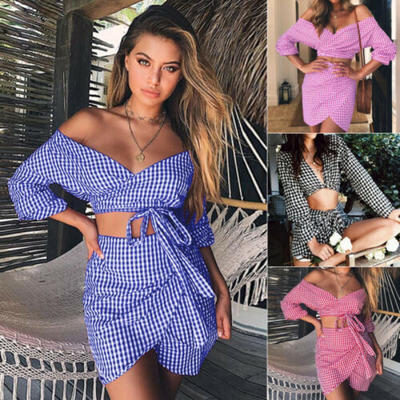 

UK Women 2PCS Suit Crop Top Mini Skirt Beach Party Dress Outfit Holiday Clothes