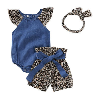 

Newborn Infant Kids Baby Girl Leopard Denim Romper Pants Headband 3PCS Outfits