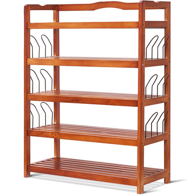 

5-Tier Wooden Entryway Storage Shoe Rack w 6 Shoe Stretcher-Wood