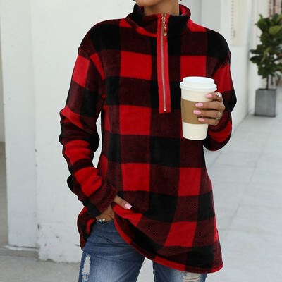 

2019 Autumu&Winter Fashion Women Double-sided plush Plaid printing Casual Loose Sweatshirt