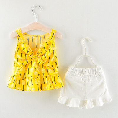 

Summer Baby Girl Casual Strap Cotton Printed Tops Solid Pattern Shorts Outfits Set