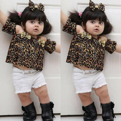 

US Toddler Kids Baby Girl Leopard Clothes Tops T-shirt Denim Shorts Pants Outfit