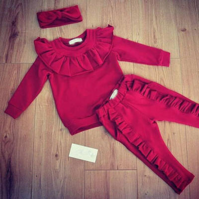 

2019 Spring Girls Clothing Ruffle Long Sleeve T-shirt Pants headband Outfits New