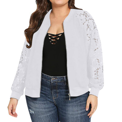 

Toponeto Womens Plus Size Solid Color Long Sleeve Lace Stitching Zipper Pocket Coat