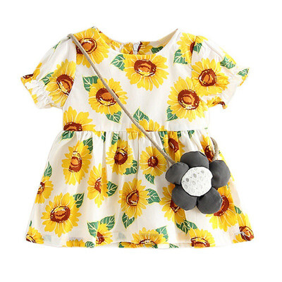 

4 Styles Baby Girls About Knee Solid Cartoon Top Dress Cotton Short Sleeves Printed Summer Baby Girls Beach Party Dress