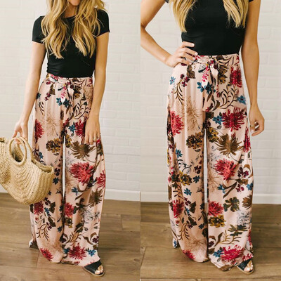 

Women Summer Pockets Leaves Printing Drawstring Wide Leg Pants Leggings