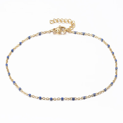 

304 Stainless Steel Cable Chain Anklets with Enamel Links Golden DarkBlue 9"230mm 15mm