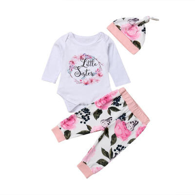 

Newborn Infant Baby Girl Little Sister Long Sleeve Romper TopsFloral Pants Hat 3Pcs Outfit Set