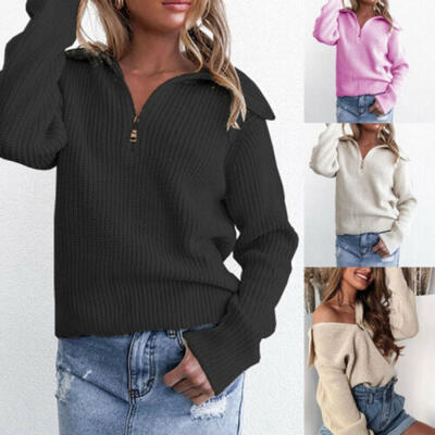 

UK Women Sweater Skinny Elastic Knitted Zipper Half Turtleneck Pullovers Tops