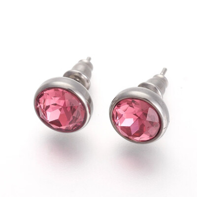 

304 Stainless Steel Stud Earrings with Rhinestone Flat Round Rose 10x6mm Pin 09mm