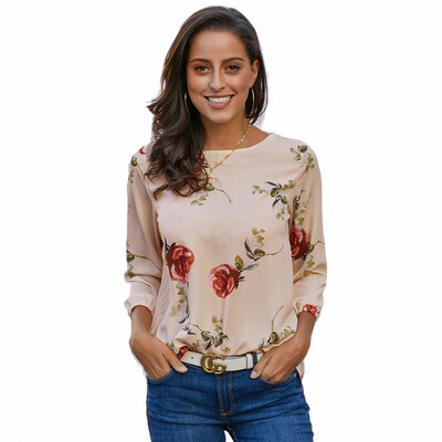 

Vintage printed shirt Womens round neck long sleeve back button shirt