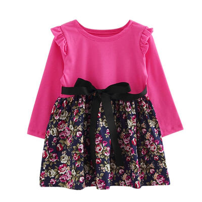 

Autumn Sweet Cute Floral Print Stitching Girl Princess Dress Cotton Clothes