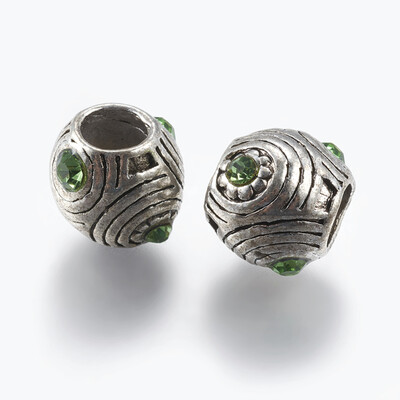 

Alloy European Bead Large Hole Beads with Rhinestone Oval Peridot 9x9mm Hole 45mm