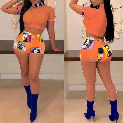 

Women 2 Piece Outfits Short Sleeve Mesh Crop Tops Shorts Set Jumpsuit Rompers