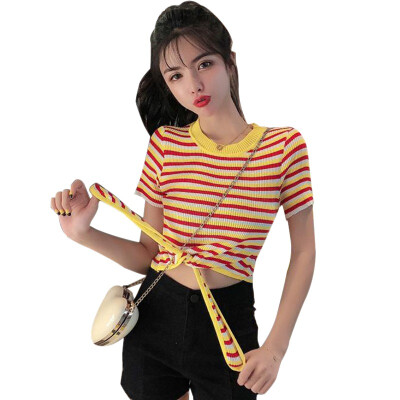 

Women Summer T Shirt Striped Short Sleeve Femme Korean Tee Ladies Casual O Neck Bandage Knitted Crop Top