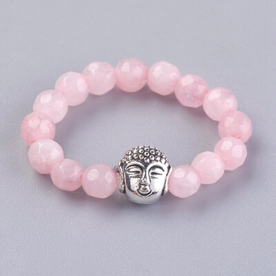 

Natural Rose Quartz Strech Rings with Alloy Buddha Beads Faceted Round Antique Silver Size 8 18mm