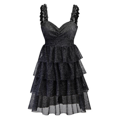 

Dress Fashion Glitter Mesh Black Ruffled Hem Flounce Party Banquet