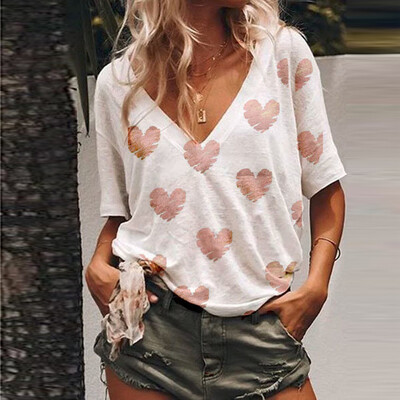 

Nomeni Womens Summer Casual Loose V-Neck Heart-Shaped Print T-Shirt Top