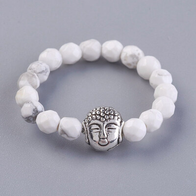 

Natural Howlite Strech Rings with Alloy Buddha Beads Faceted Round Antique Silver Size 8 18mm