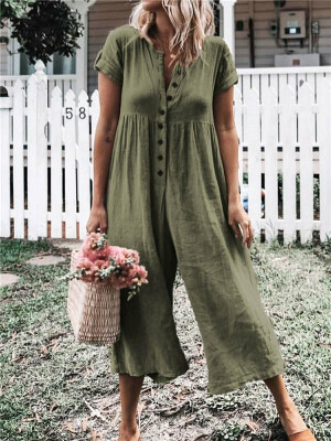 

Fashion Womens Casual Short Sleeve Button Down Loose Linen Baggy Jumpsuits Playsuit Long Trousers Overalls