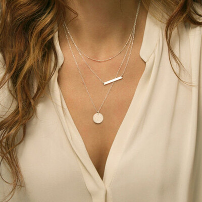 

European&American foreign trade jewelry hot new copper bead chain sequin metal strip multi-layer short necklace