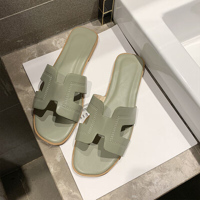 

2019 new H slippers womens summer fashion outdoor flat bottom drag H rhinestone net red Joker slippers