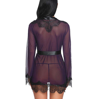 

Toponeto Women Sexy Lace Patchwork Long Sleeve Nightgown Bath Robe Lingerie With Belt
