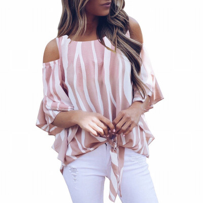 

Vertical striped shirt Womens color round neck cropped sleeves loose top