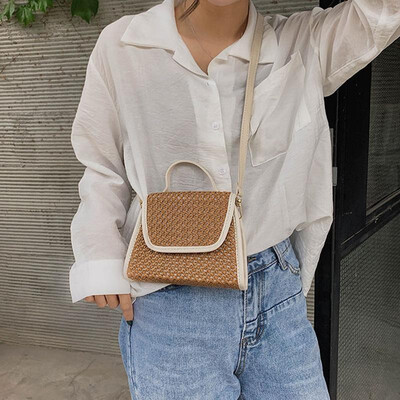 

Women Straw Crossbody Bag Crochet Patterns PU Leather Splicing Boho Summer Beach Vacation Shoulder Bag