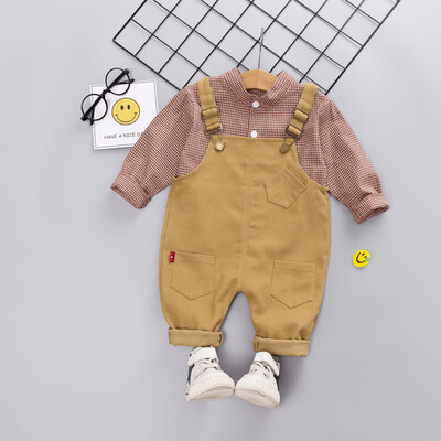 

Autumn Baby Boy Adorable Plaid Print Long Sleeve Shirt Blouse Suspenders Trousers Casual Outfits Clothes