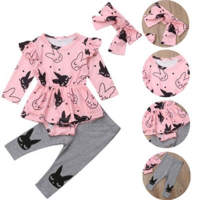 

3PCS Baby Girls Rabbit Print Romper Long Sleeve Skirt Jumpsuit Long Solid Pants Headband Autumn Clothes Set