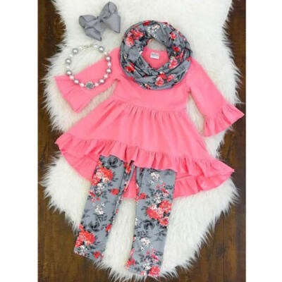 

Toddler Kids Baby Girls Clothes Outfits Ruffle Tops DressFloral PantsScarf Set