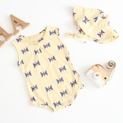 

2019 Summer Baby Girl Cotton Geometric Pattern Infant Sleeveless JumpsuitHat Newborn Romper Set Cute Baby Home Suits