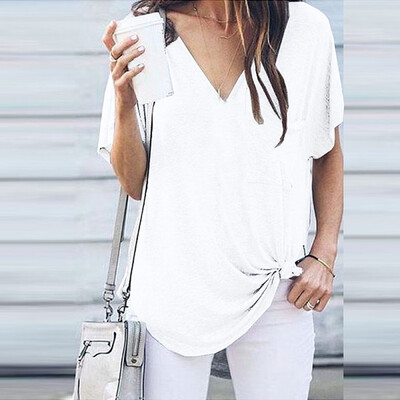 

Nomeni Women Summer Pockets O Neck Short Sleeve Shirt Casual Tops Blouse