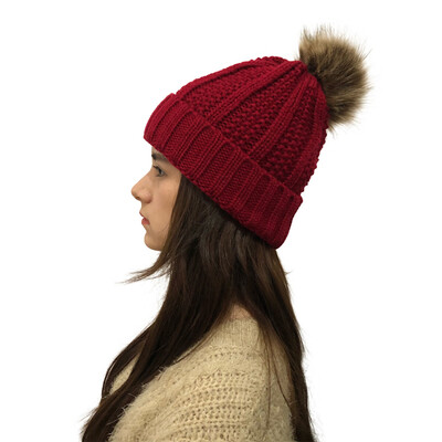 

Tailored Women Autumn Winter Outdoor Faux Fur Ball Hats Crochet Knit Holey Beanie Cap