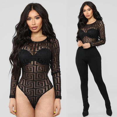 

Women Mesh Jumpsuit Bodycon Bodysuit Leotard Top Romper Blouse LongSleeve Shirts