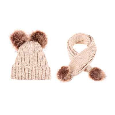 

2pcsset Cute Kids Boys Girls Stripe Print Pompom Knitted Fleece Cap Scarf